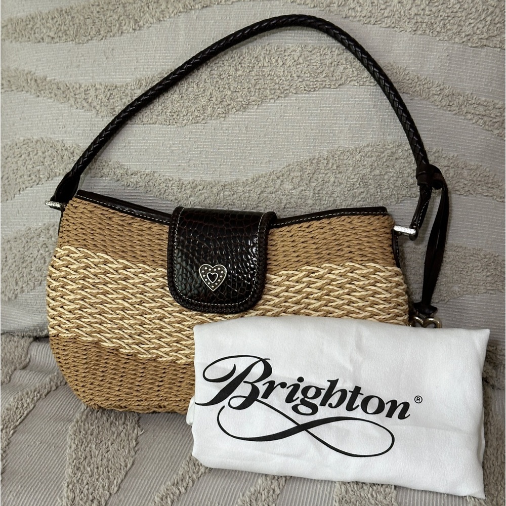 Brighton Tan & Brown Raffia and Leather Purse, Dust Bag, Straw Style Handbag